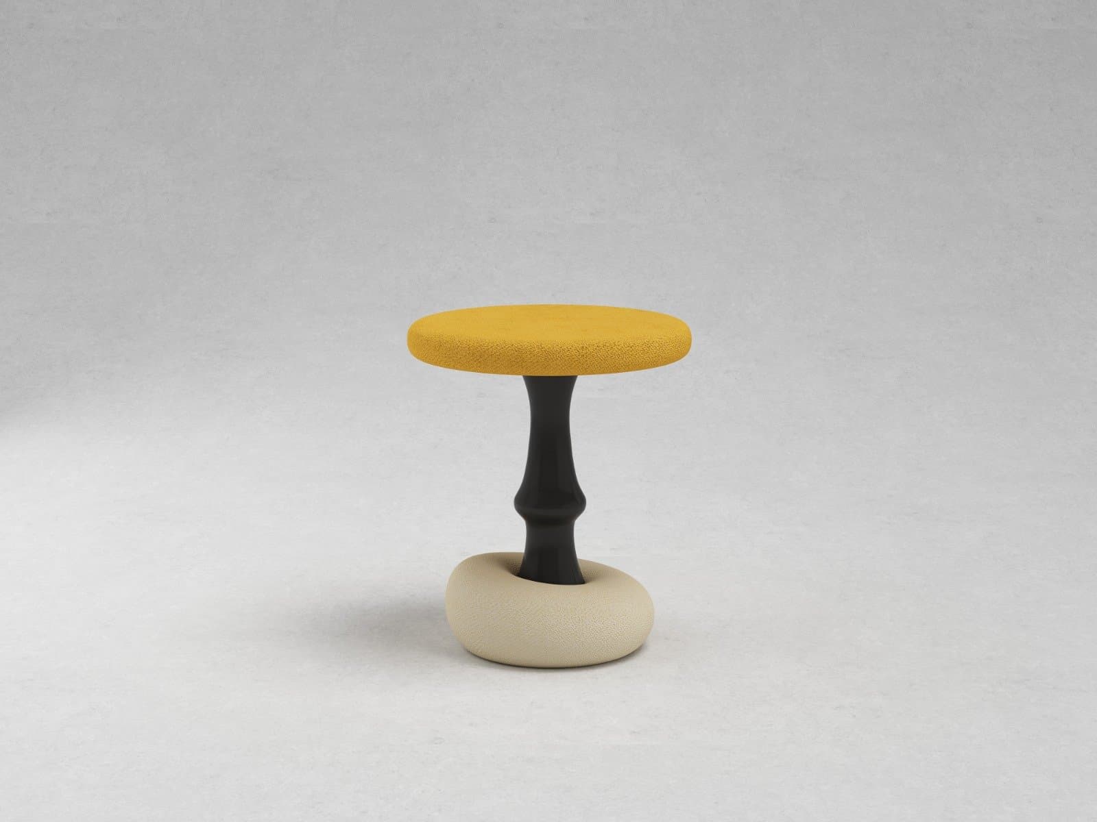Round mustard boucle stool top on a turned black stem, resting on a pebble-shaped ivory boucle base