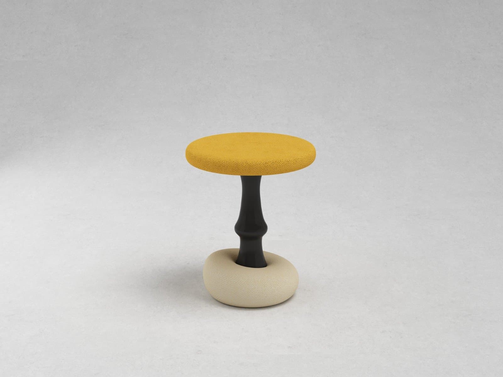 Round mustard boucle stool top on a turned black stem, resting on a pebble-shaped ivory boucle base — photo 2 of 2